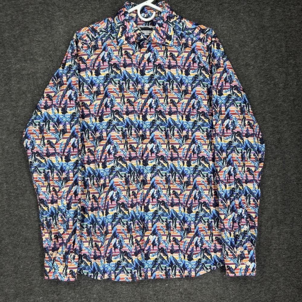 Eton Dress Shirt Mens L‎ Multicolor Leaf Print Stripe Long Sleeve Slim fit